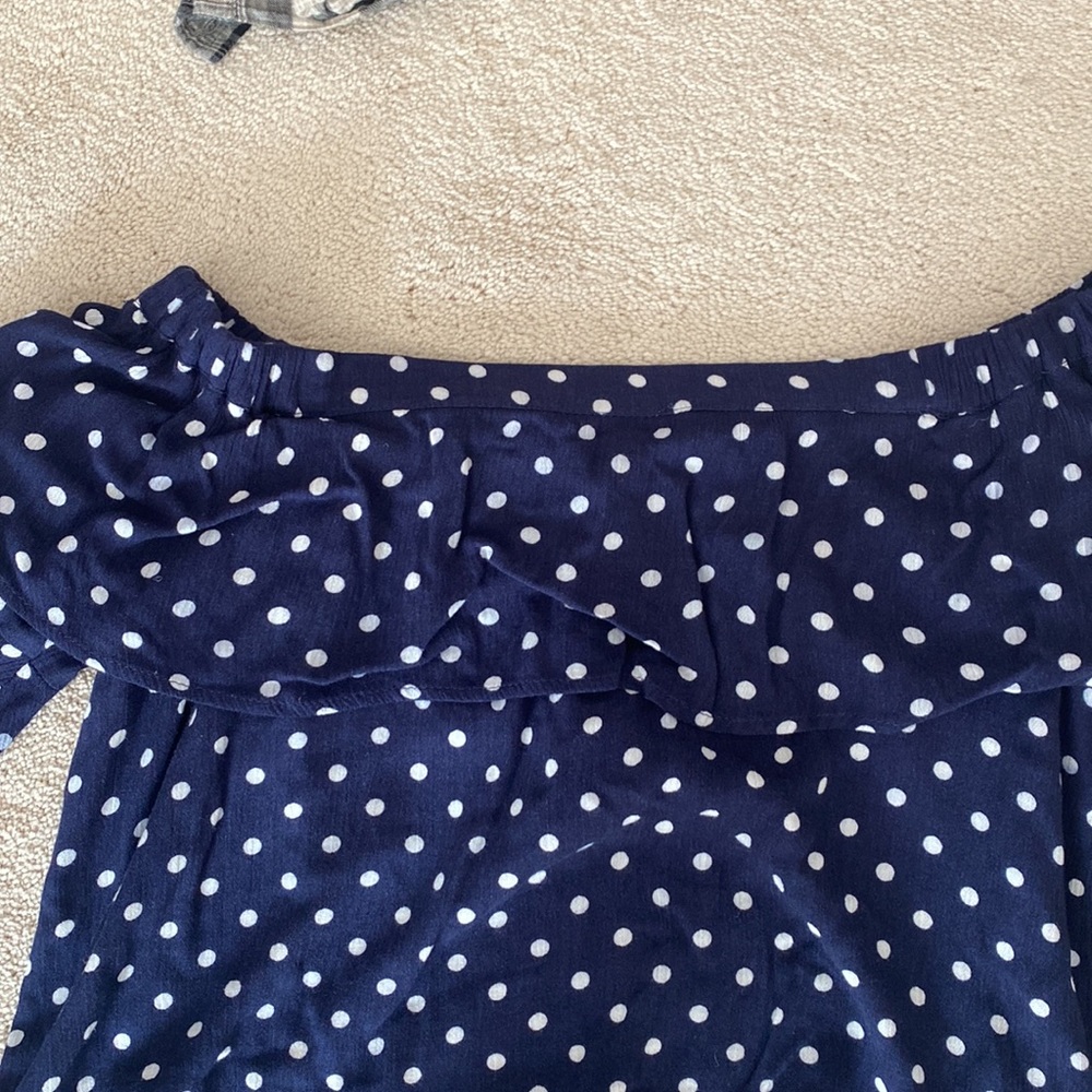 Chloe & Katie ruffled off shoulder blue/white polka dots shirt/blouse. - Picture 5 of 11